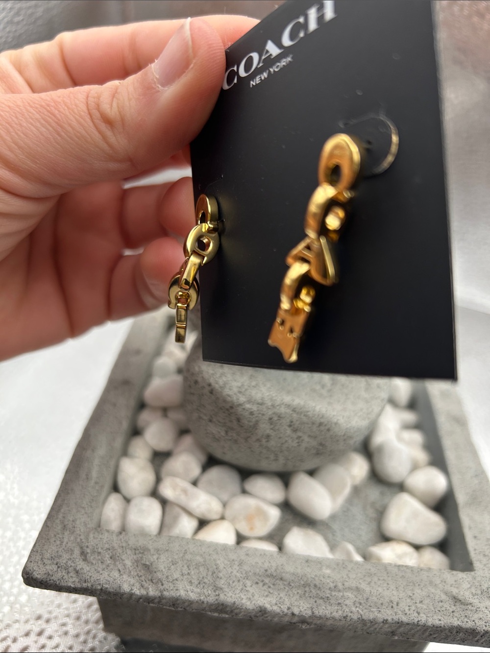 Coach Gold Jumbled Signature Logo Link Linear Earrings - Picture 3 of 7